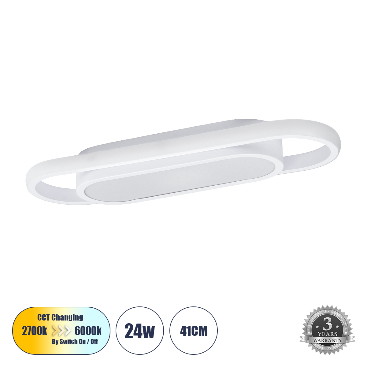 Μοντέρνο Φωτιστικό Οροφής LED 24W 2880lm 210° AC 220-240V IP20 Ρυθμιζόμενο Λευκό CCT με On/Off 2700K/4500K/6000K - Lumileds SMD Chip - Λευκό Ματ - Μ41 x Π13 x Υ4.5cm - 3 Χρόνια Εγγύηση