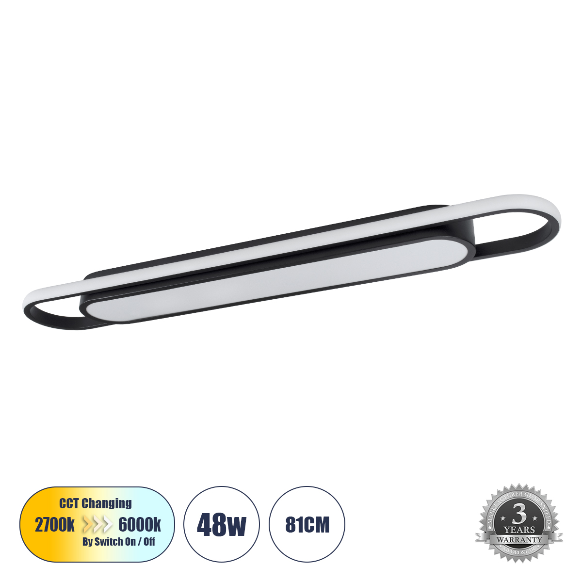 Μοντέρνο Φωτιστικό Οροφής LED 48W 5760lm 210° AC 220-240V IP20 Ρυθμιζόμενο Λευκό CCT με On/Off 2700K/4500K/6000K - Lumileds SMD Chip - Μαύρο Ματ - Μ81 x Π13 x Υ4.5cm - 3 Χρόνια Εγγύηση