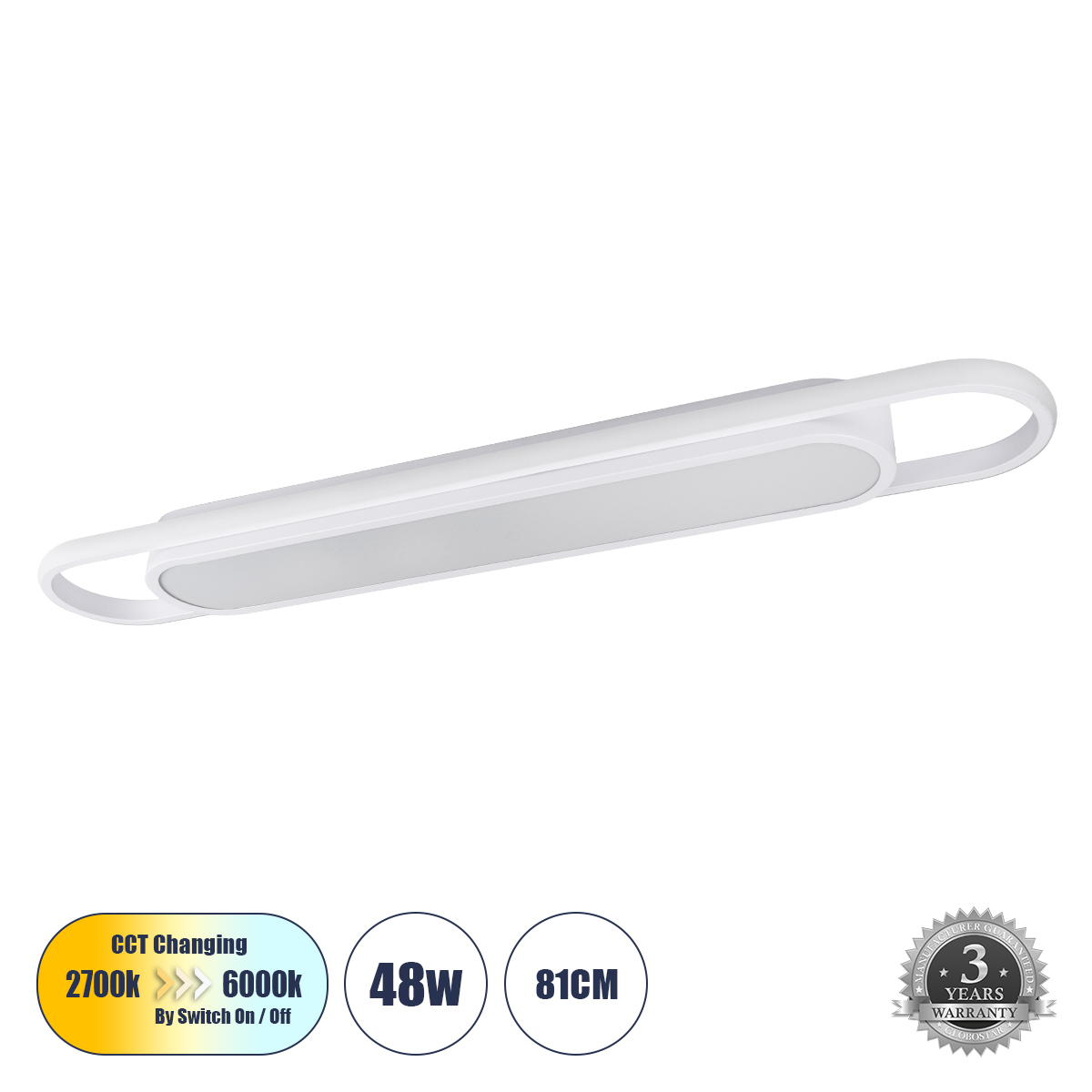 Μοντέρνο Φωτιστικό Οροφής LED 48W 5760lm 210° AC 220-240V IP20 Ρυθμιζόμενο Λευκό CCT με On/Off 2700K/4500K/6000K - Lumileds SMD Chip - Λευκό Ματ - Μ81 x Π13 x Υ4.5cm - 3 Χρόνια Εγγύηση