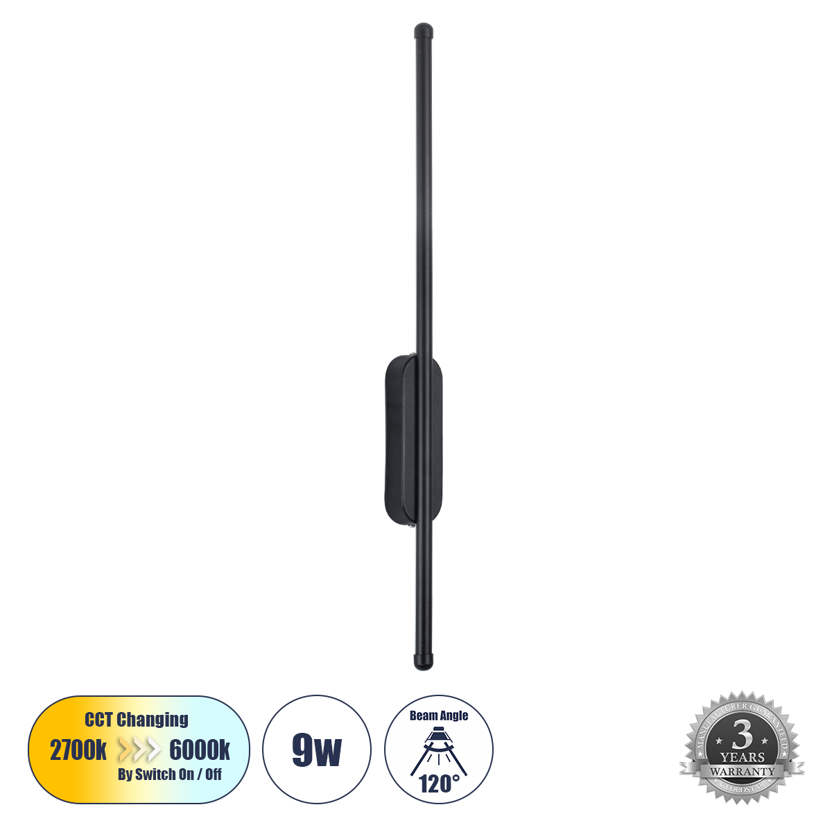 Μοντέρνο Φωτιστικό Τοίχου - Απλίκα LED 9W 1080lm 120° AC 220-240V IP20 Ρυθμιζόμενο Λευκό CCT με On/Off 2700K/4500K/6000K - Lumileds SMD Chip - Μαύρο Ματ - Μ5 x Π4 x Υ60cm - 3 Χρόνια Εγγύηση