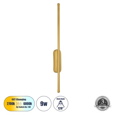 Μοντέρνο Φωτιστικό Τοίχου - Απλίκα LED 9W 1080lm 120° AC 220-240V IP20 Ρυθμιζόμενο Λευκό CCT με On/Off 2700K/4500K/6000K - Lumileds SMD Chip - Χρυσό Βούρτσας - Μ5 x Π4 x Υ60cm - 3 Χρόνια Εγγύηση