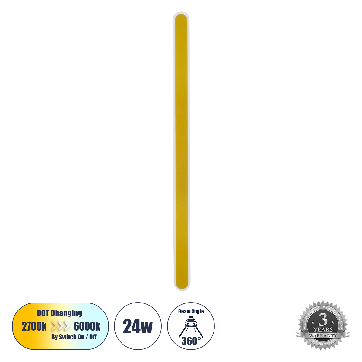 Μοντέρνο Φωτιστικό Τοίχου - Απλίκα LED 24W 2880lm 360° AC 220-240V IP20 Ρυθμιζόμενο Λευκό CCT με On/Off 2700K/4500K/6000K - Lumileds SMD Chip - Χρυσό Βούρτσας - Μ6 x Π3 x Υ100cm - 3 Χρόνια Εγγύηση