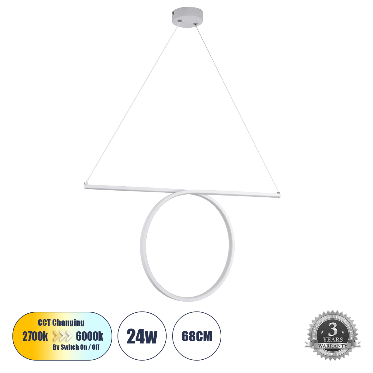 Μοντέρνο Κρεμαστό Φωτιστικό Οροφής LED 24W 2640lm 200° AC 220-240V IP20 Ρυθμιζόμενο Λευκό CCT με On/Off 2700K/4500K/6000K - Lumileds SMD Chip - Λευκό Ματ - Μ65.5 x Π4 x Υ33cm - 3 Χρόνια Εγγύηση