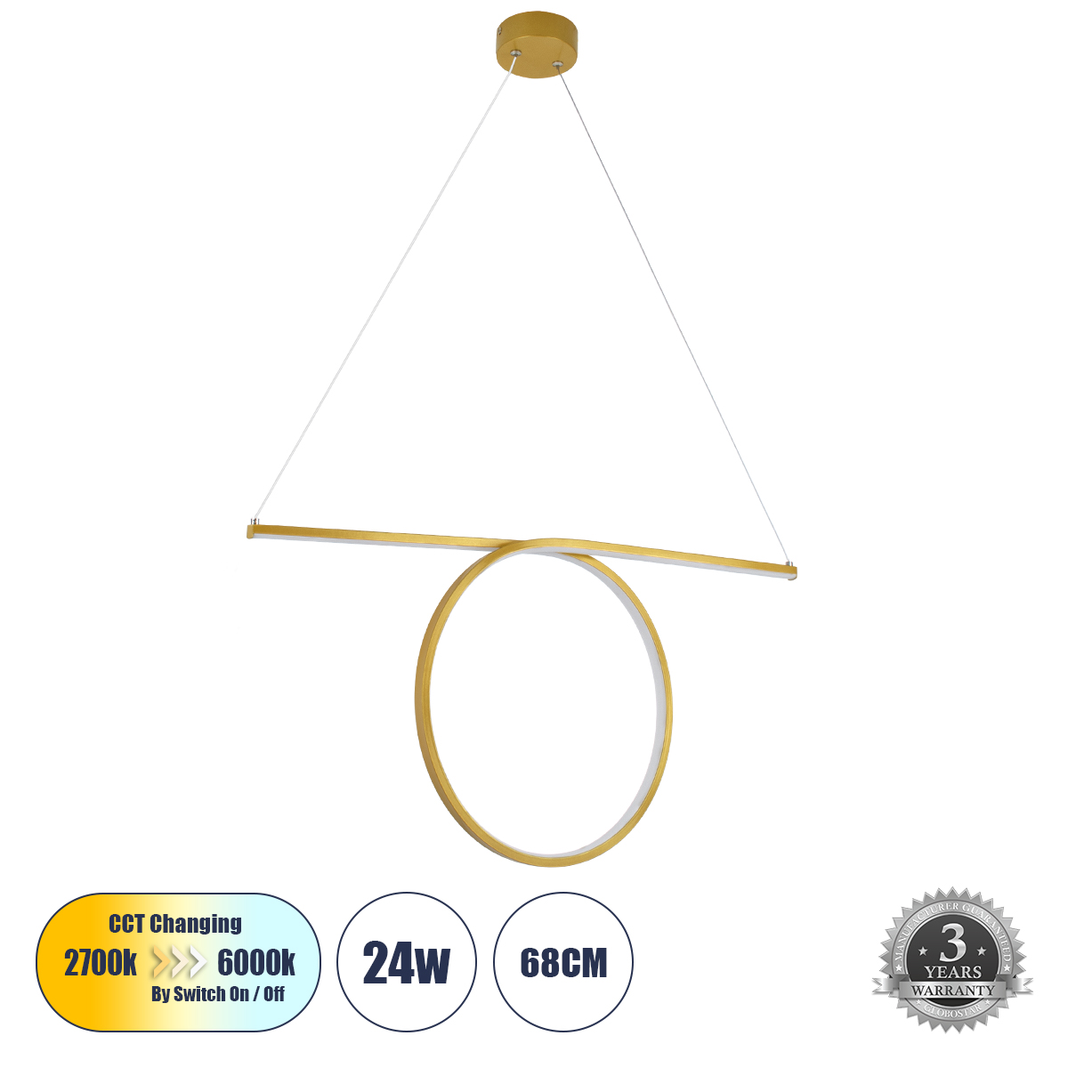 Μοντέρνο Κρεμαστό Φωτιστικό Οροφής LED 24W 2640lm 200° AC 220-240V IP20 Ρυθμιζόμενο Λευκό CCT με On/Off 2700K/4500K/6000K - Lumileds SMD Chip - Χρυσό Βούρτσας - Μ65.5 x Π4 x Υ33cm - 3 Χρόνια Εγγύηση