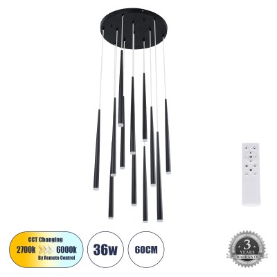 Μοντέρνο Κρεμαστό Φωτιστικό Οροφής LED 36W 3960lm 180° AC 220-240V IP20 Ρυθμιζόμενο Λευκό CCT με Χειριστήριο από 2700K έως 6000K Dimmable - Lumileds SMD Chip - Μαύρο - Μ60 x Π60 x Υ51.5cm - 3 Χρόνια Εγγύηση