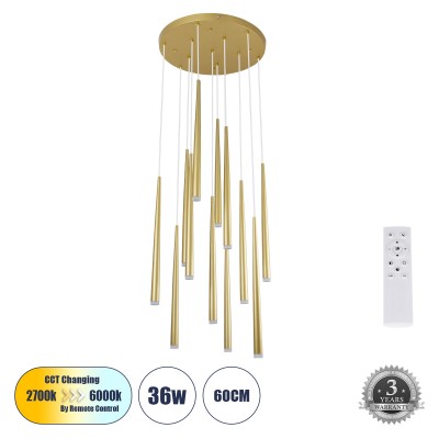 Μοντέρνο Κρεμαστό Φωτιστικό Οροφής LED 36W 3960lm 180° AC 220-240V IP20 Ρυθμιζόμενο Λευκό CCT με Χειριστήριο από 2700K έως 6000K Dimmable - Lumileds SMD Chip - Χρυσό Βούρτσας - Μ60 x Π60 x Υ51.5cm - 3 Χρόνια Εγγύηση