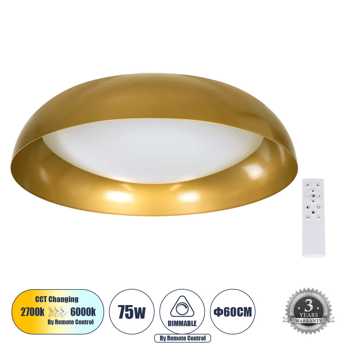 Μοντέρνο Φωτιστικό Οροφής LED 75W 8625lm 120° AC 220-240V IP20 Ρυθμιζόμενο Λευκό CCT με Χειριστήριο από 2700K έως 6000K Dimmable - Lumileds SMD Chip - Χρυσό - Μ60 x Π60 x Υ13cm - 3 Χρόνια Εγγύηση