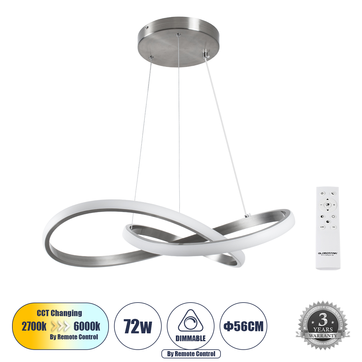 Μοντέρνο Κρεμαστό Φωτιστικό Οροφής LED 72W 8064lm 300° AC 220-240V IP20 Ρυθμιζόμενο Λευκό CCT με Χειριστήριο από 2700K έως 6000K Dimmable - Lumileds SMD Chip - Νίκελ Βούρτσας - Μ56 x Π56 x Υ14cm - 3 Χρόνια Εγγύηση