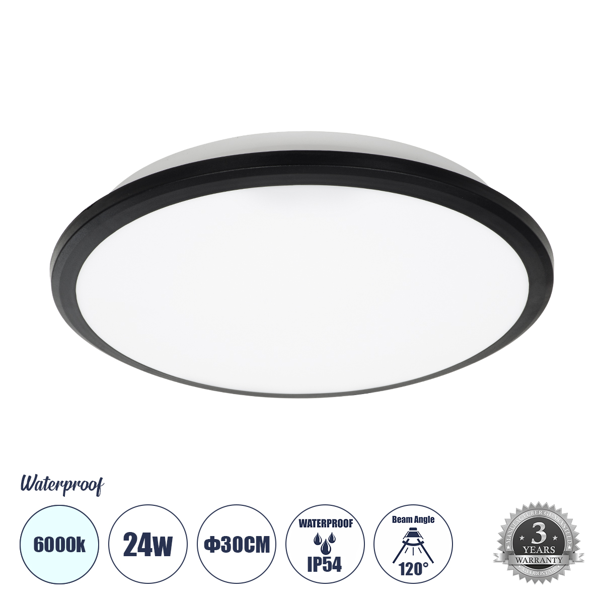 Φωτιστικό Πλαφονιέρα Οροφής LED 24W 2760lm 120° AC 220-240V Αδιάβροχο IP54 Ψυχρό Λευκό 6000K - Lumileds SMD Chip - Μαύρο Ματ & Λευκό Γαλακτερό - Μ30 x Π30 x Υ6.5cm - 3 Χρόνια Εγγύηση