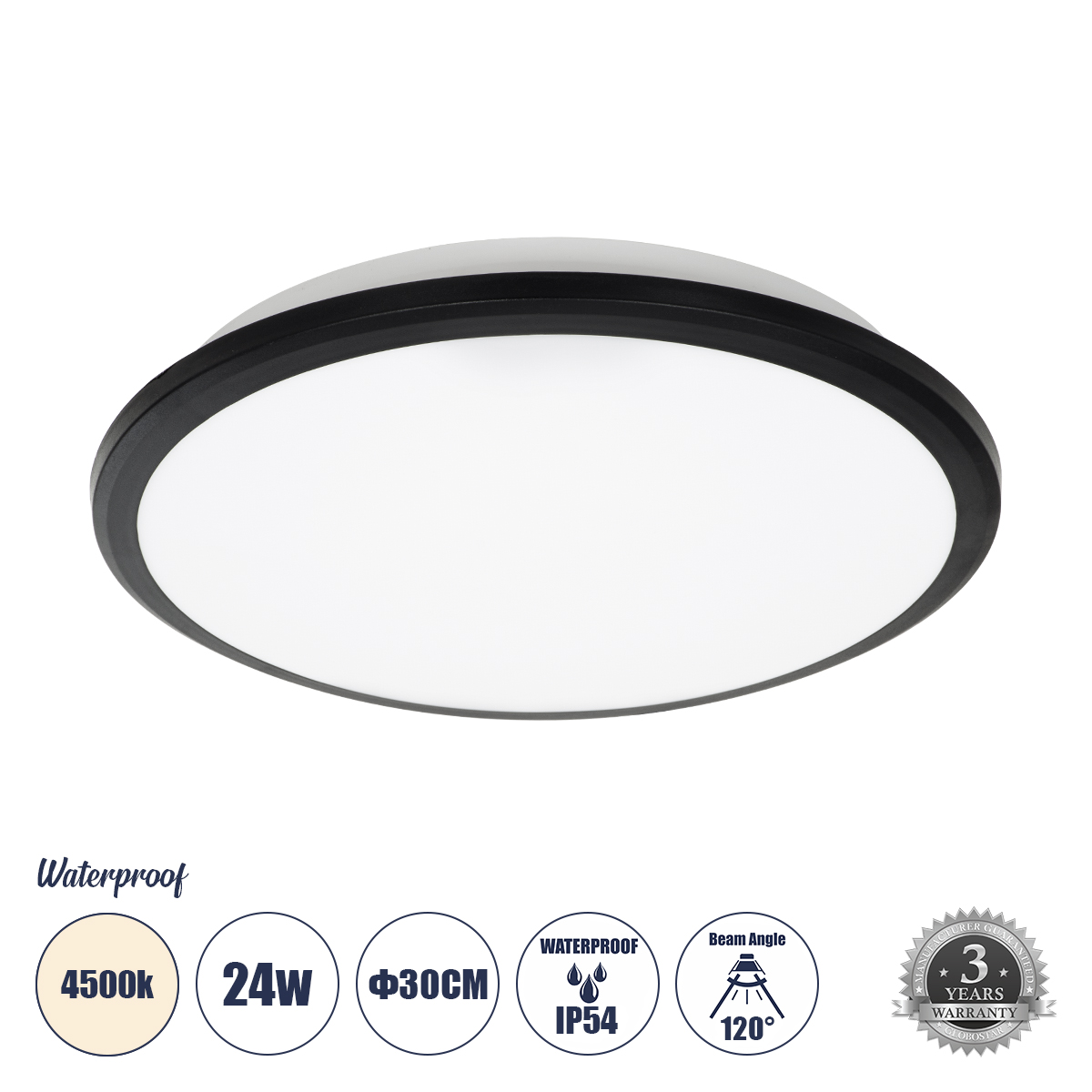 Φωτιστικό Πλαφονιέρα Οροφής LED 24W 2640lm 120° AC 220-240V Αδιάβροχο IP54 Φυσικό Λευκό 4500K - Lumileds SMD Chip - Μαύρο Ματ & Λευκό Γαλακτερό - Μ30 x Π30 x Υ6.5cm - 3 Χρόνια Εγγύηση