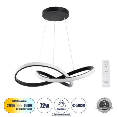 Μοντέρνο Κρεμαστό Φωτιστικό Οροφής LED 72W 8064lm 300° AC 220-240V IP20 Ρυθμιζόμενο Λευκό CCT με Χειριστήριο από 2700K έως 6000K Dimmable - Lumileds SMD Chip - Μαύρο Ματ - Μ56 x Π56 x Υ14cm - 3 Χρόνια Εγγύηση