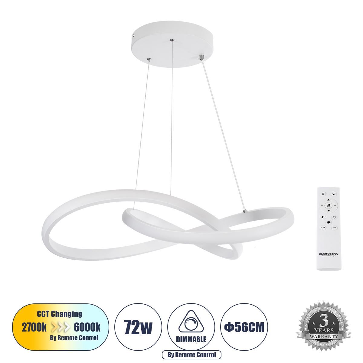 Μοντέρνο Κρεμαστό Φωτιστικό Οροφής LED 72W 8064lm 300° AC 220-240V IP20 Ρυθμιζόμενο Λευκό CCT με Χειριστήριο από 2700K έως 6000K Dimmable - Lumileds SMD Chip - Λευκό Ματ - Μ56 x Π56 x Υ14cm - 3 Χρόνια Εγγύηση