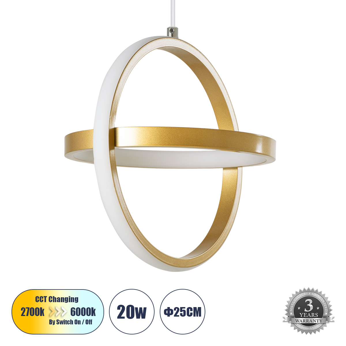 Μοντέρνο Κρεμαστό Φωτιστικό Οροφής LED 20W 2400lm 300° AC 220-240V IP20 Ρυθμιζόμενο Λευκό CCT με On/Off 2700K/4500K/6000K - Lumileds SMD Chip - Χρυσό Βούρτσας - Μ25 x Π22 x Υ25cm - 3 Χρόνια Εγγύηση