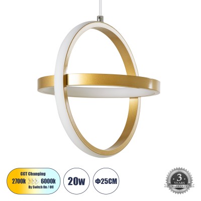Μοντέρνο Κρεμαστό Φωτιστικό Οροφής LED 20W 2400lm 300° AC 220-240V IP20 Ρυθμιζόμενο Λευκό CCT με On/Off 2700K/4500K/6000K - Lumileds SMD Chip - Χρυσό Βούρτσας - Μ25 x Π22 x Υ25cm - 3 Χρόνια Εγγύηση