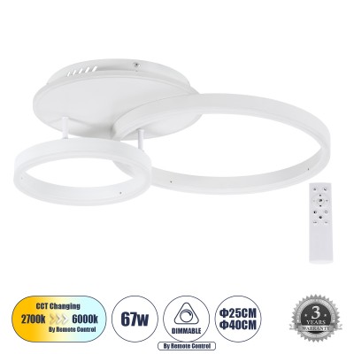 Μοντέρνο Φωτιστικό Οροφής LED 67W 8107lm 360° AC 220-240V IP20 Ρυθμιζόμενο Λευκό CCT με Χειριστήριο από 2700K έως 6000K Dimmable - Lumileds SMD Chip - Λευκό Ματ - Μ60 x Π40 x Υ12.5cm - 3 Χρόνια Εγγύηση