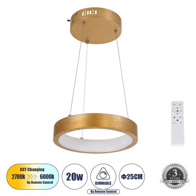 Μοντέρνο Κρεμαστό Φωτιστικό Οροφής LED 20W 2356lm 360° AC 220-240V IP20 Ρυθμιζόμενο Λευκό CCT με Χειριστήριο από 2700K έως 6000K Dimmable - Lumileds SMD Chip - Χρυσό Βούρτσας - Μ25 x Π25 x Υ4cm - 3 Χρόνια Εγγύηση
