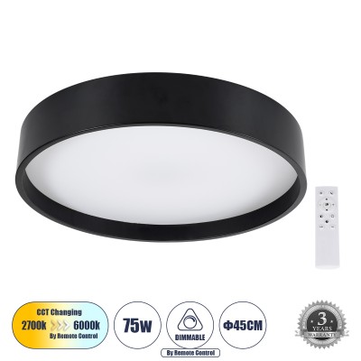 Μοντέρνο Φωτιστικό Οροφής LED 75W 8625lm 120° AC 220-240V IP20 Ρυθμιζόμενο Λευκό CCT με Χειριστήριο από 2700K έως 6000K Dimmable - Lumileds SMD Chip - Μαύρο Ματ - Μ45 x Π45 x Υ8cm - 3 Χρόνια Εγγύηση