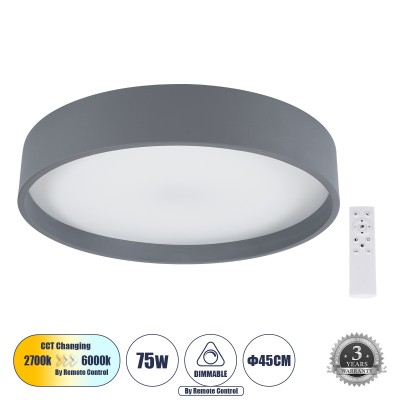 Μοντέρνο Φωτιστικό Οροφής LED 75W 8625lm 120° AC 220-240V IP20 Ρυθμιζόμενο Λευκό CCT με Χειριστήριο από 2700K έως 6000K Dimmable - Lumileds SMD Chip - Γκρι Ανθρακί Ματ - Μ45 x Π45 x Υ8cm - 3 Χρόνια Εγγύηση