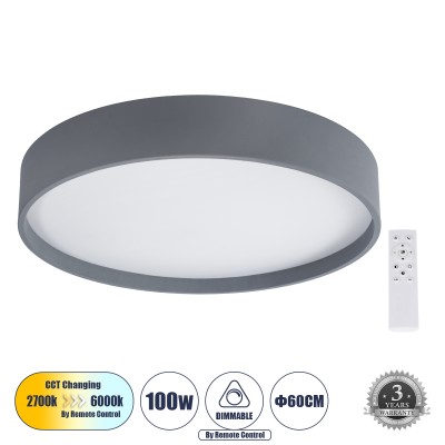 Μοντέρνο Φωτιστικό Οροφής LED 100W 11500lm 120° AC 220-240V IP20 Ρυθμιζόμενο Λευκό CCT με Χειριστήριο από 2700K έως 6000K Dimmable - Lumileds SMD Chip - Γκρι Ματ - Μ60 x Π60 x Υ10cm - 3 Χρόνια Εγγύηση