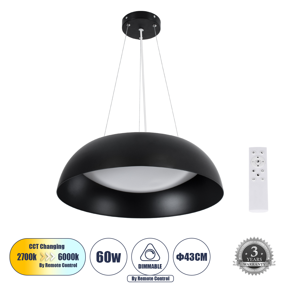 Μοντέρνο Κρεμαστό Φωτιστικό Οροφής LED 60W 6900lm 120° AC 220-240V IP20 Ρυθμιζόμενο Λευκό CCT με Χειριστήριο από 2700K έως 6000K Dimmable - Lumileds SMD Chip - Μαύρο Ματ - Μ43 x Π43 x Υ11cm - 3 Χρόνια Εγγύηση