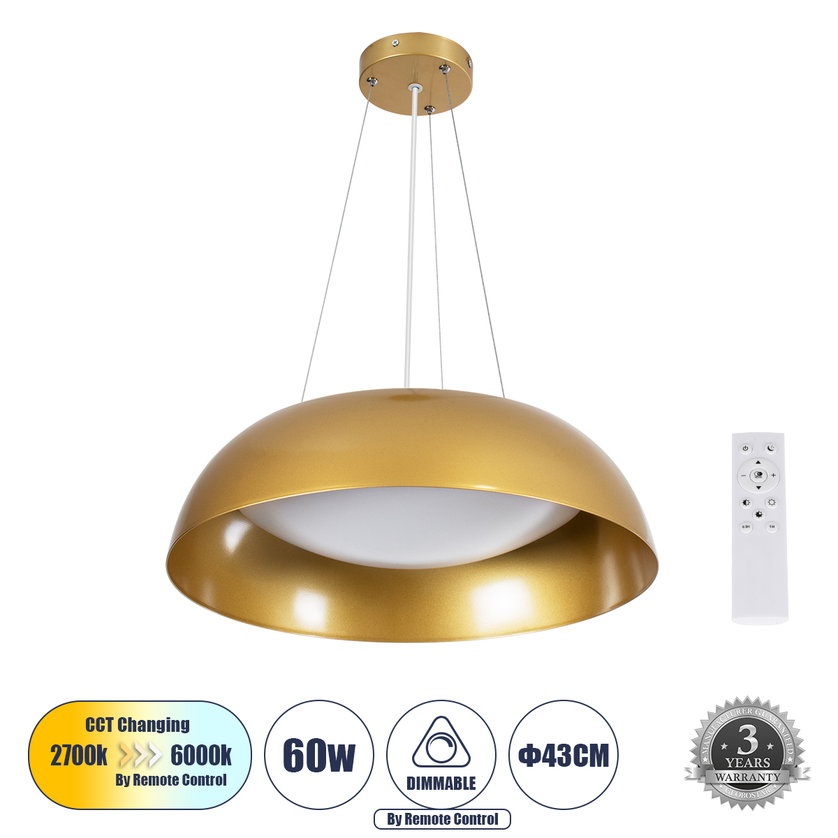 Μοντέρνο Κρεμαστό Φωτιστικό Οροφής LED 60W 6900lm 120° AC 220-240V IP20 Ρυθμιζόμενο Λευκό CCT με Χειριστήριο από 2700K έως 6000K Dimmable - Lumileds SMD Chip - Χρυσό - Μ43 x Π43 x Υ11cm - 3 Χρόνια Εγγύηση
