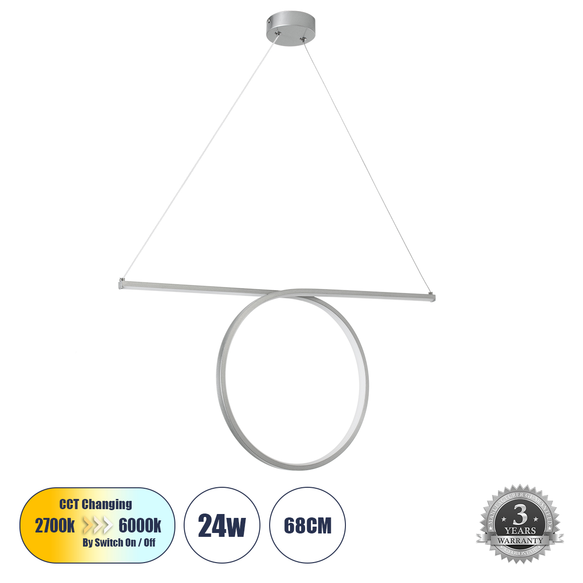 Μοντέρνο Κρεμαστό Φωτιστικό Οροφής LED 24W 2640lm 200° AC 220-240V IP20 Ρυθμιζόμενο Λευκό CCT με On/Off 2700K/4500K/6000K - Lumileds SMD Chip - Νίκελ Βούρτσας - Μ65.5 x Π4 x Υ33cm - 3 Χρόνια Εγγύηση