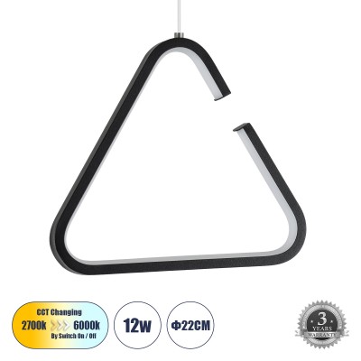 Μοντέρνο Κρεμαστό Φωτιστικό Οροφής LED 12W 1320lm 360° AC 220-240V IP20 Ρυθμιζόμενο Λευκό CCT με On/Off 2700K/4500K/6000K - Lumileds SMD Chip - Μαύρο Ματ - Μ22 x Π2 x Υ22cm - 3 Χρόνια Εγγύηση
