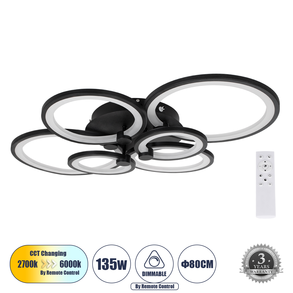 Μοντέρνο Φωτιστικό Οροφής LED 135W 16200lm 360° AC 220-240V IP20 Ρυθμιζόμενο Λευκό CCT με Χειριστήριο από 2700K έως 6000K Dimmable - Lumileds SMD Chip - Μαύρο Ματ - Μ80.5 x Π59 x Υ12cm - 3 Χρόνια Εγγύηση