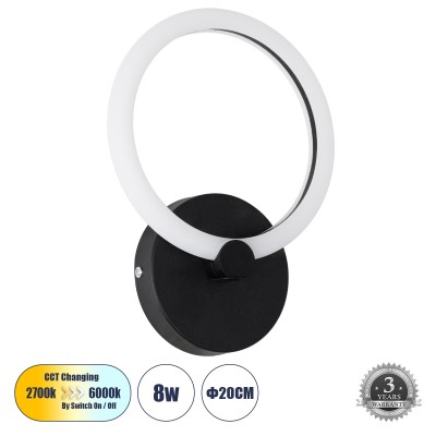 Μοντέρνο Φωτιστικό Τοίχου - Απλίκα LED 8W 960lm 360° AC 220-240V IP20 Ρυθμιζόμενο Λευκό CCT με On/Off 2700K/4500K/6000K - Lumileds SMD Chip - Μαύρο Ματ - Μ20 x Π5 x Υ25.5cm - 3 Χρόνια Εγγύηση