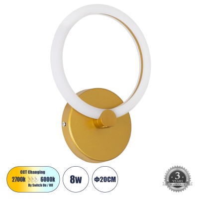 Μοντέρνο Φωτιστικό Τοίχου - Απλίκα LED 8W 960lm 360° AC 220-240V IP20 Ρυθμιζόμενο Λευκό CCT με On/Off 2700K/4500K/6000K - Lumileds SMD Chip - Χρυσό - Μ20 x Π5 x Υ25.5cm - 3 Χρόνια Εγγύηση