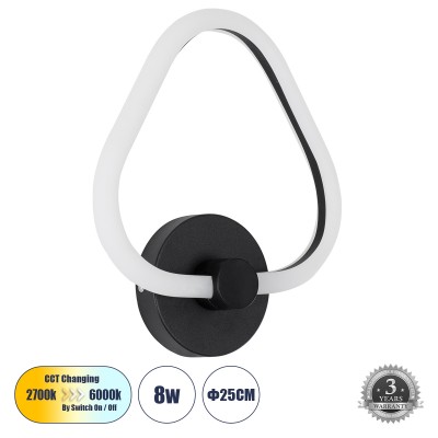 Μοντέρνο Φωτιστικό Τοίχου - Απλίκα LED 8W 960lm 360° AC 220-240V IP20 Ρυθμιζόμενο Λευκό CCT με On/Off 2700K/4500K/6000K - Lumileds SMD Chip - Μαύρο Ματ - Μ25 x Π7 x Υ28.5cm - 3 Χρόνια Εγγύηση