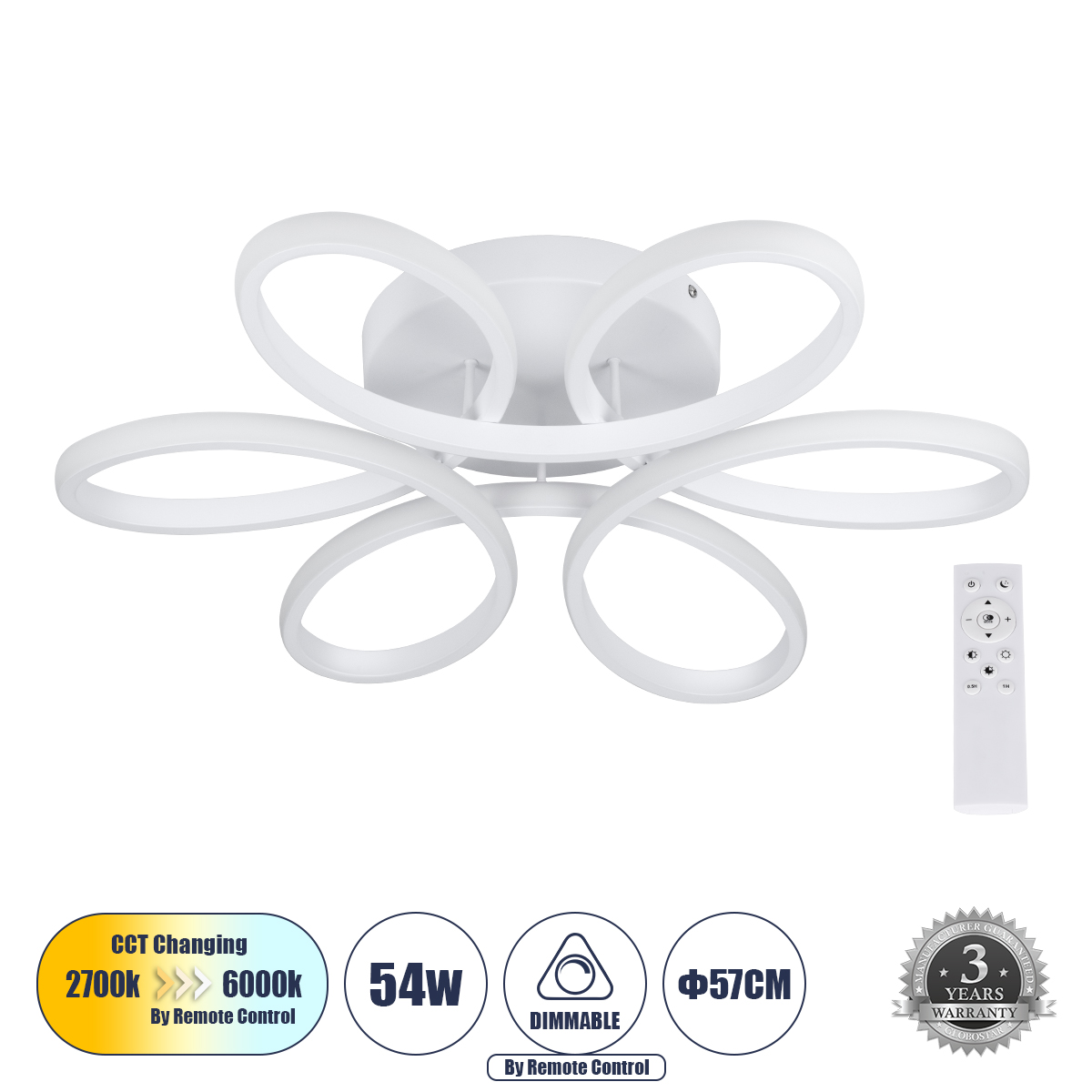Μοντέρνο Φωτιστικό Οροφής LED 54W 6210lm 360° AC 220-240V IP20 Ρυθμιζόμενο Λευκό CCT με Χειριστήριο από 2700K έως 6000K Dimmable - Lumileds SMD Chip - Λευκό Ματ - Μ57 x Π57 x Υ12cm - 3 Χρόνια Εγγύηση