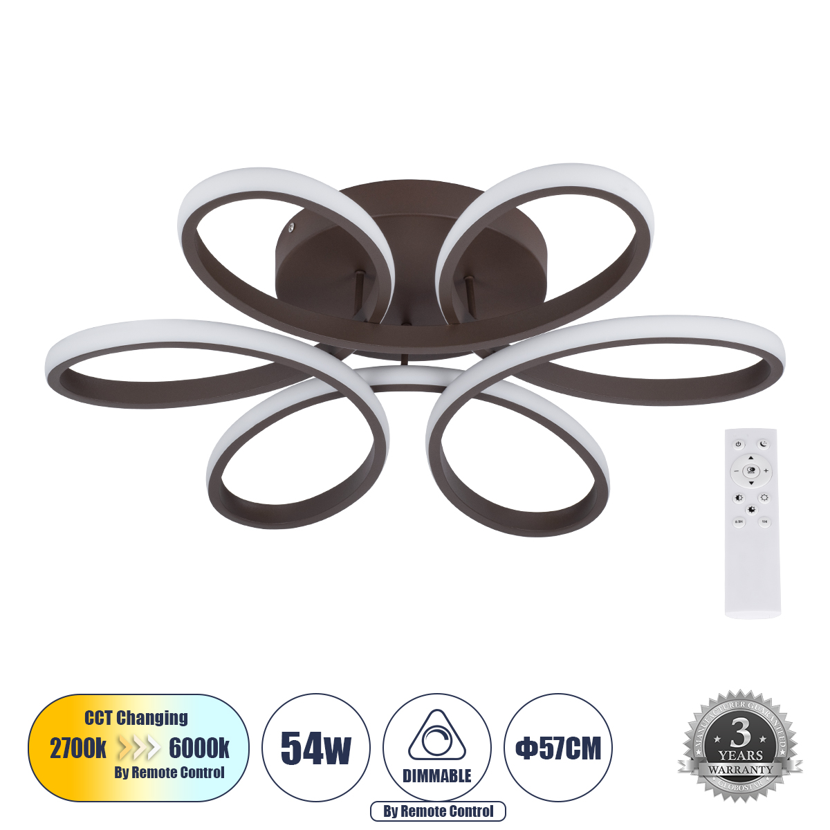 Μοντέρνο Φωτιστικό Οροφής LED 54W 6210lm 360° AC 220-240V IP20 Ρυθμιζόμενο Λευκό CCT με Χειριστήριο από 2700K έως 6000K Dimmable - Lumileds SMD Chip - Καφέ Ματ - Μ57 x Π57 x Υ12cm - 3 Χρόνια Εγγύηση