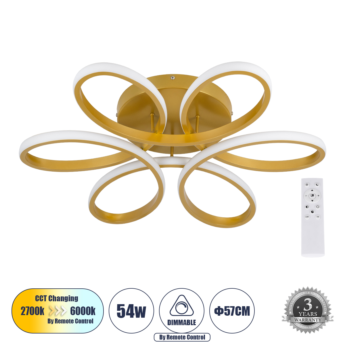 Μοντέρνο Φωτιστικό Οροφής LED 54W 6210lm 360° AC 220-240V IP20 Ρυθμιζόμενο Λευκό CCT με Χειριστήριο από 2700K έως 6000K Dimmable - Lumileds SMD Chip - Χρυσό Βούρτσας - Μ57 x Π57 x Υ12cm - 3 Χρόνια Εγγύηση