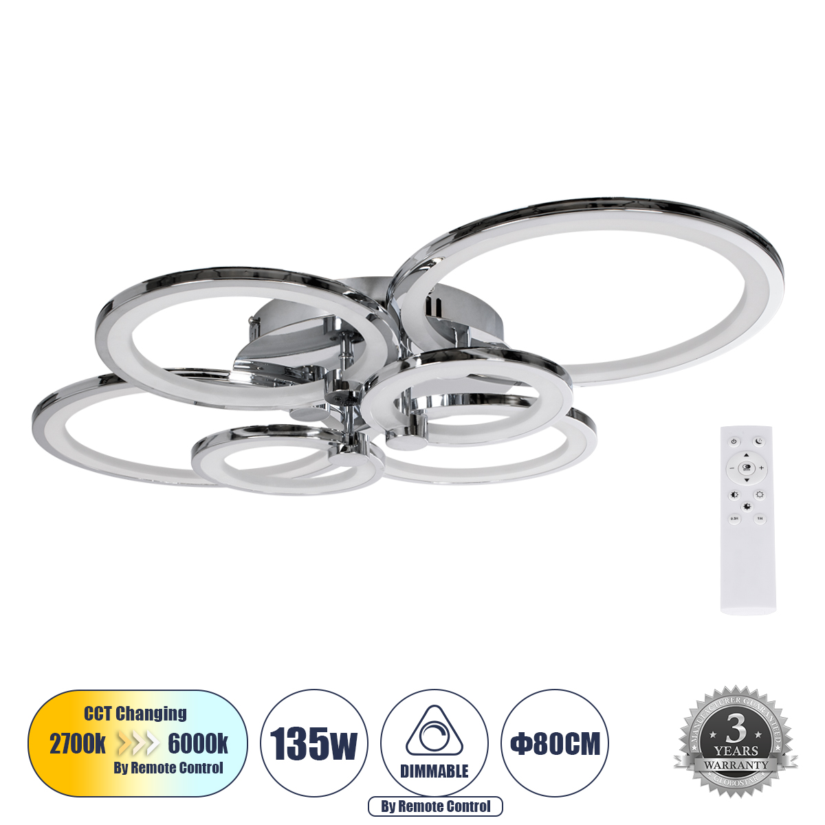 Μοντέρνο Φωτιστικό Οροφής LED 135W 16200lm 360° AC 220-240V IP20 Ρυθμιζόμενο Λευκό CCT με Χειριστήριο από 2700K έως 6000K Dimmable - Lumileds SMD Chip - Ασημί Νίκελ - Μ80.5 x Π59 x Υ12cm - 3 Χρόνια Εγγύηση