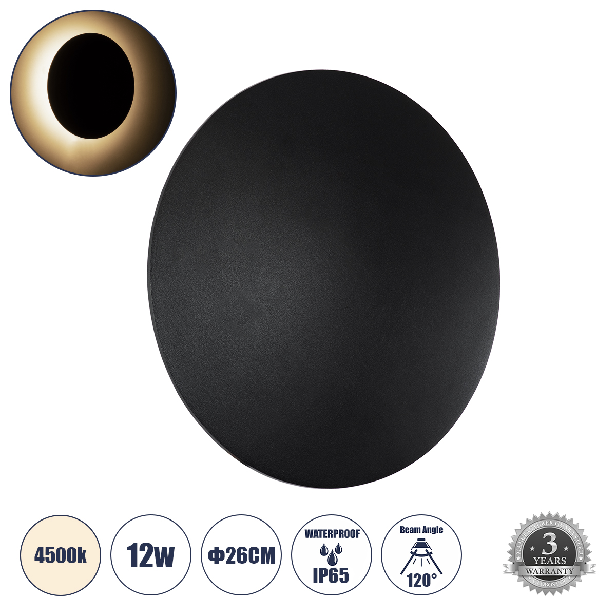 Μοντέρνο Φωτιστικό Τοίχου - Απλίκα LED 12W 1440lm 120° AC 220-240V Αδιάβροχο IP65 Φυσικό Λευκό 4500K - Lumileds SMD Chip & TÜV SÜD Driver - Μαύρο Ματ - Μ26 x Π26 x Υ5cm - 5 Χρόνια Εγγύηση