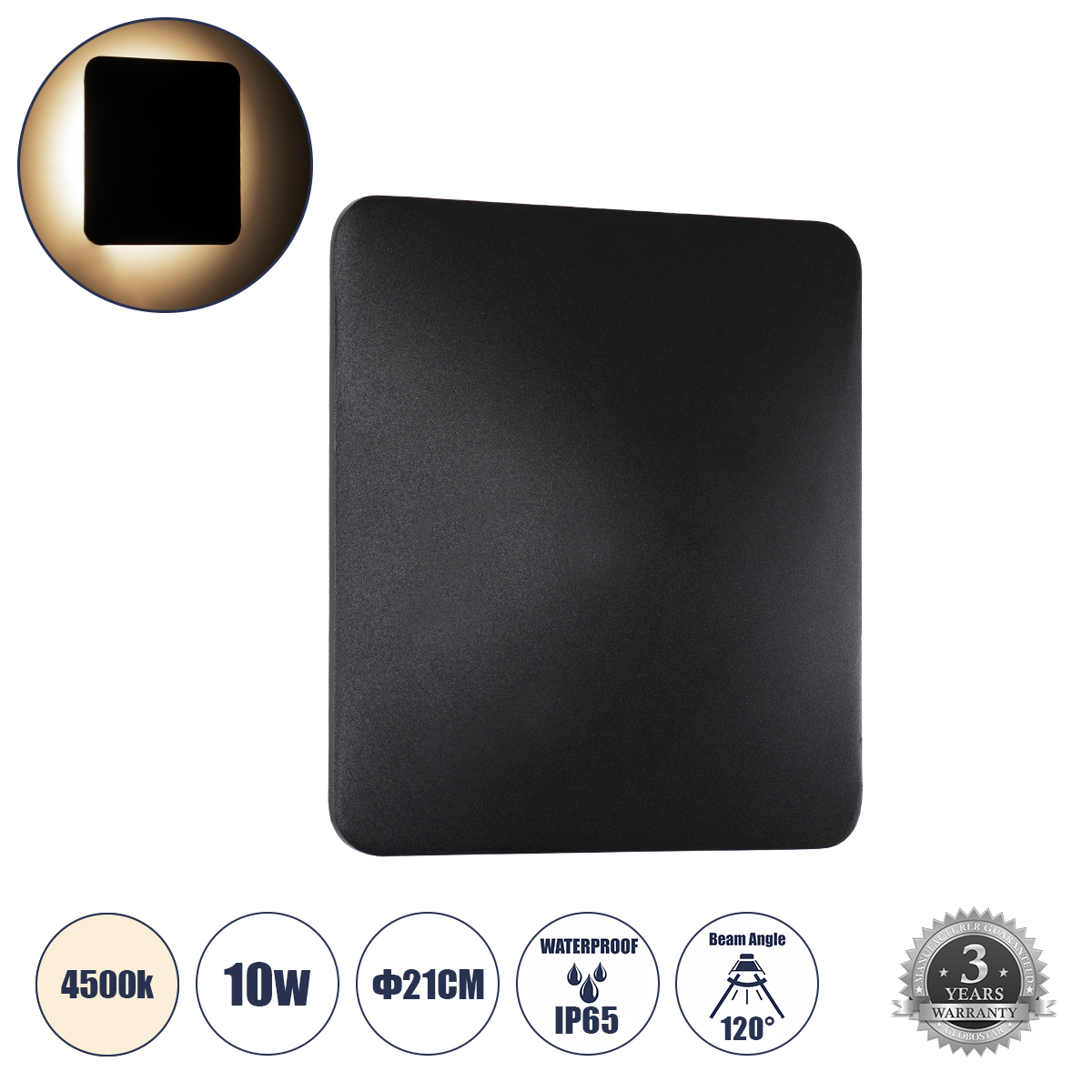 Μοντέρνο Φωτιστικό Τοίχου - Απλίκα LED 10W 1200lm 120° AC 220-240V Αδιάβροχο IP65 Φυσικό Λευκό 4500K - Lumileds SMD Chip & TÜV SÜD Driver - Μαύρο Ματ - Μ21 x Π5 x Υ21cm - 5 Χρόνια Εγγύηση