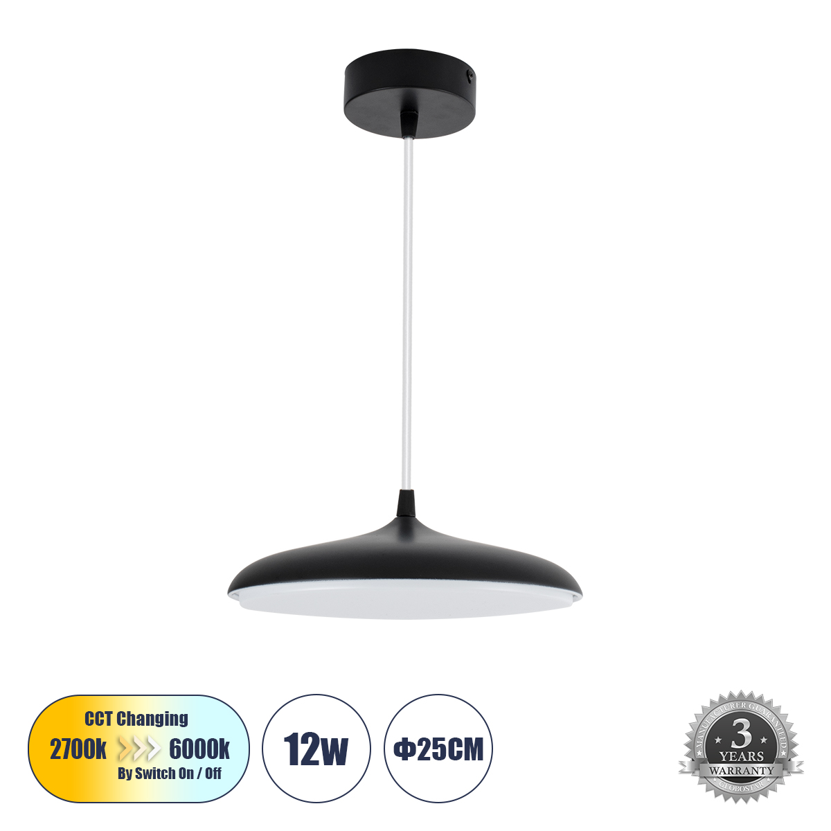 Μοντέρνο Κρεμαστό Φωτιστικό Οροφής LED 12W 1440lm 120° AC 220-240V IP20 Ρυθμιζόμενο Λευκό CCT με On/Off 2700K/4500K/6000K - Lumileds SMD Chip - Μαύρο Ματ - Μ25 x Π25 x Υ8cm - 3 Χρόνια Εγγύηση