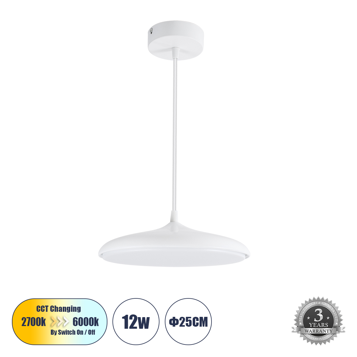 Μοντέρνο Κρεμαστό Φωτιστικό Οροφής LED 12W 1440lm 120° AC 220-240V IP20 Ρυθμιζόμενο Λευκό CCT με On/Off 2700K/4500K/6000K - Lumileds SMD Chip - Λευκό Ματ - Μ25 x Π25 x Υ8cm - 3 Χρόνια Εγγύηση