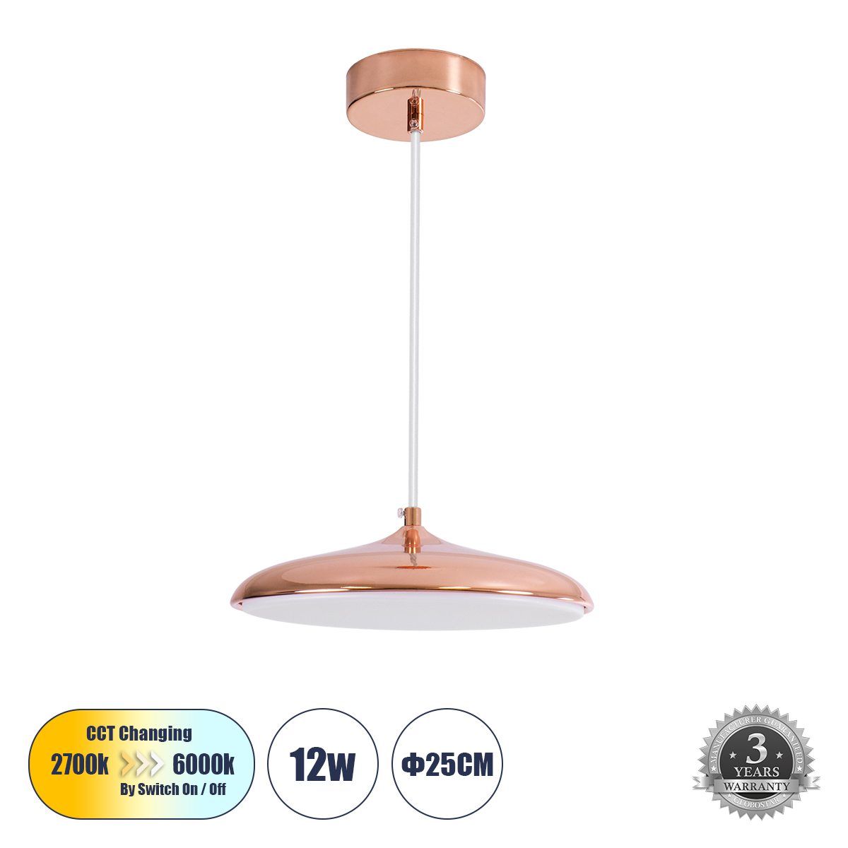 Μοντέρνο Κρεμαστό Φωτιστικό Οροφής LED 12W 1440lm 120° AC 220-240V IP20 Ρυθμιζόμενο Λευκό CCT με On/Off 2700K/4500K/6000K - Lumileds SMD Chip - Ροζ Χρυσό - Μ25 x Π25 x Υ8cm - 3 Χρόνια Εγγύηση