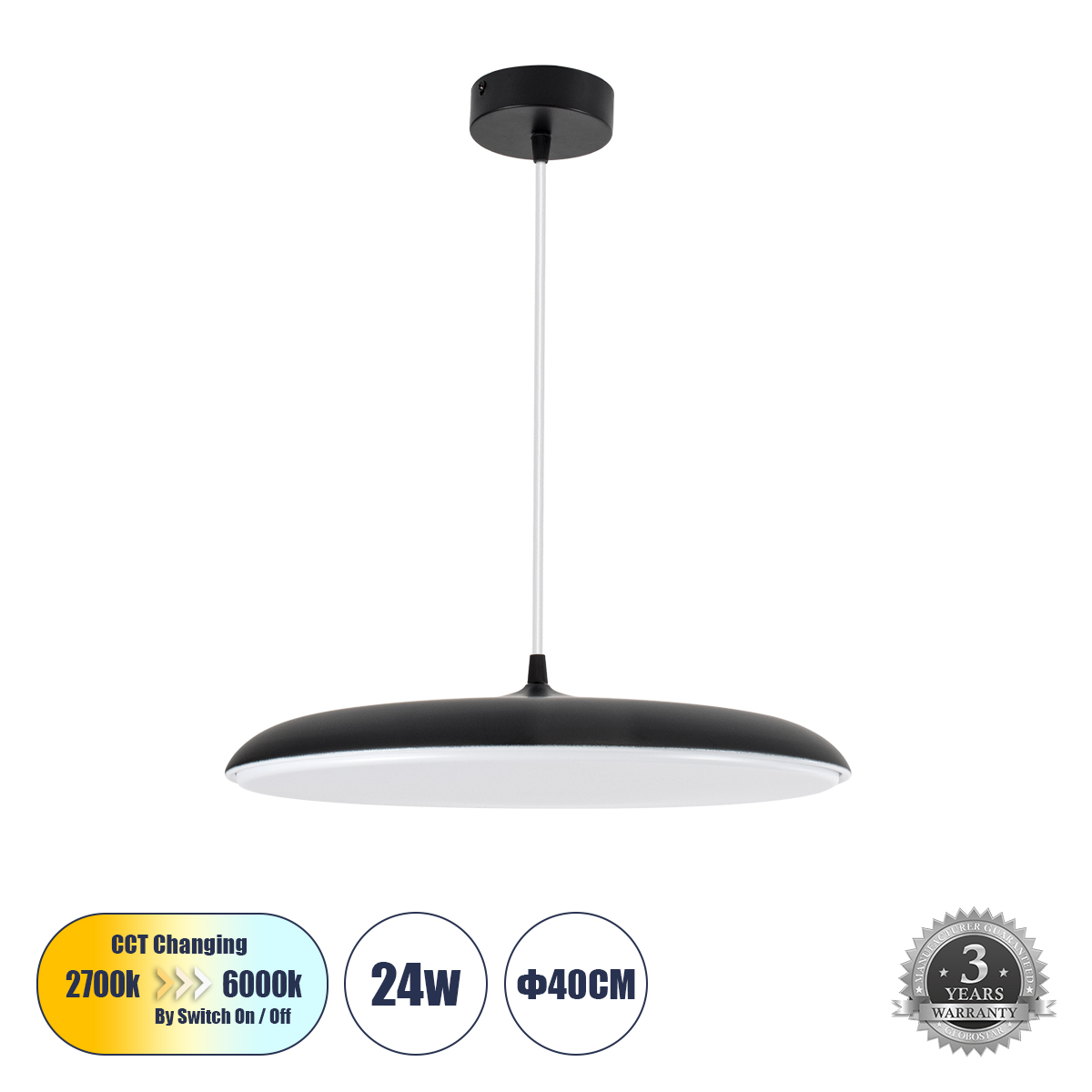 Μοντέρνο Κρεμαστό Φωτιστικό Οροφής LED 24W 2880lm 120° AC 220-240V IP20 Ρυθμιζόμενο Λευκό CCT με On/Off 2700K/4500K/6000K - Lumileds SMD Chip - Μαύρο Ματ - Μ40 x Π40 x Υ10cm - 3 Χρόνια Εγγύηση