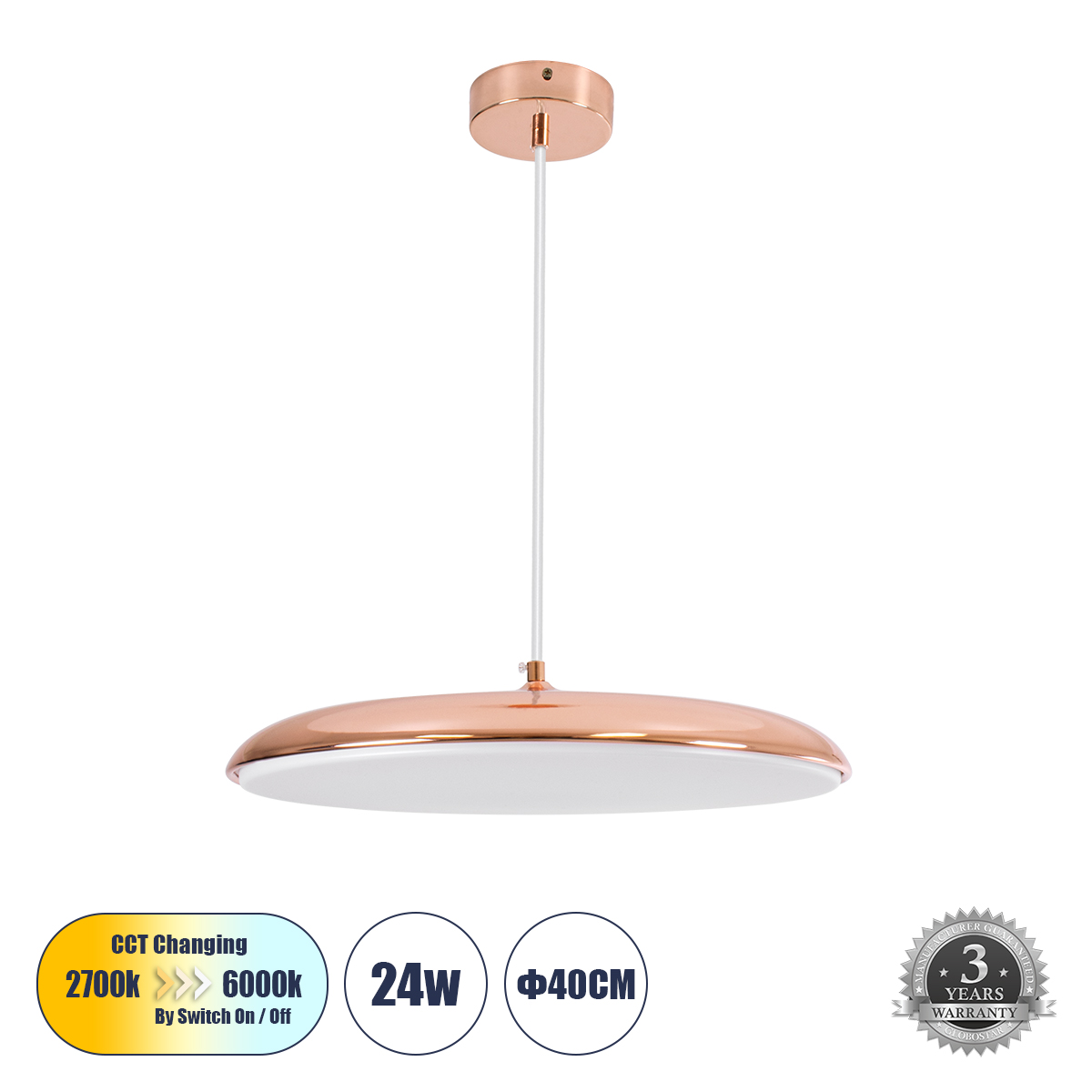 Μοντέρνο Κρεμαστό Φωτιστικό Οροφής LED 24W 2880lm 120° AC 220-240V IP20 Ρυθμιζόμενο Λευκό CCT με On/Off 2700K/4500K/6000K - Lumileds SMD Chip - Ροζ Χρυσό - Μ40 x Π40 x Υ10cm - 3 Χρόνια Εγγύηση