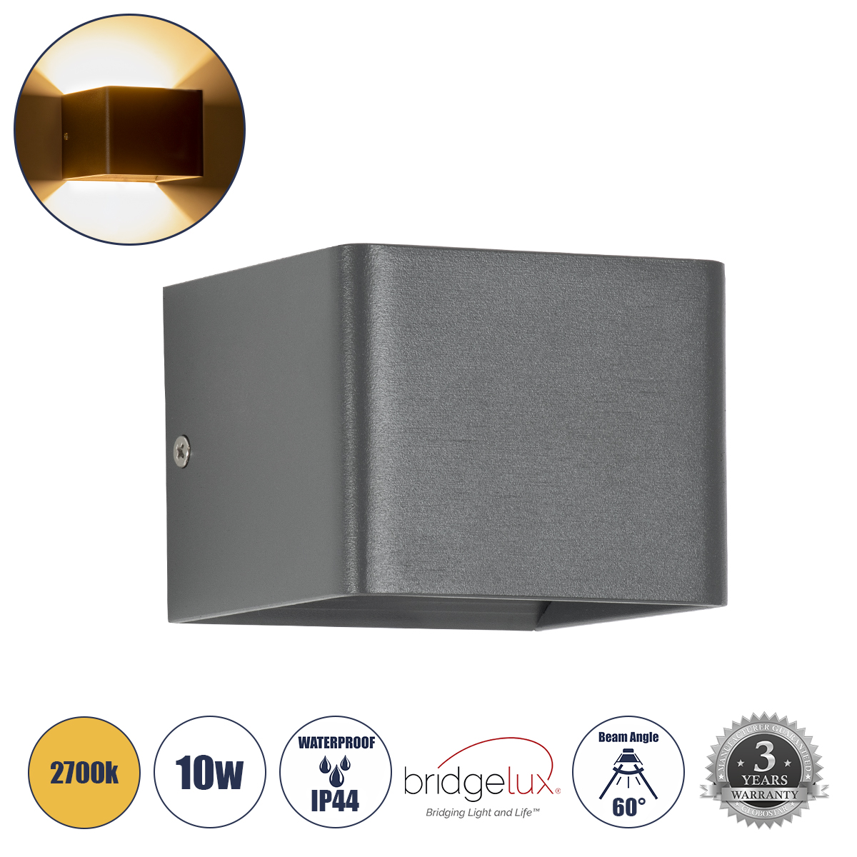Μοντέρνο Φωτιστικό Τοίχου - Απλίκα LED 10W 1000lm 60° AC 220-240V Αδιάβροχο IP44 Θερμό Λευκό 2700K - Bridgelux COB Chip & TÜV SÜD Driver - Γκρι Ανθρακί Ματ - Μ10 x Π8 x Υ10cm - 5 Χρόνια Εγγύηση