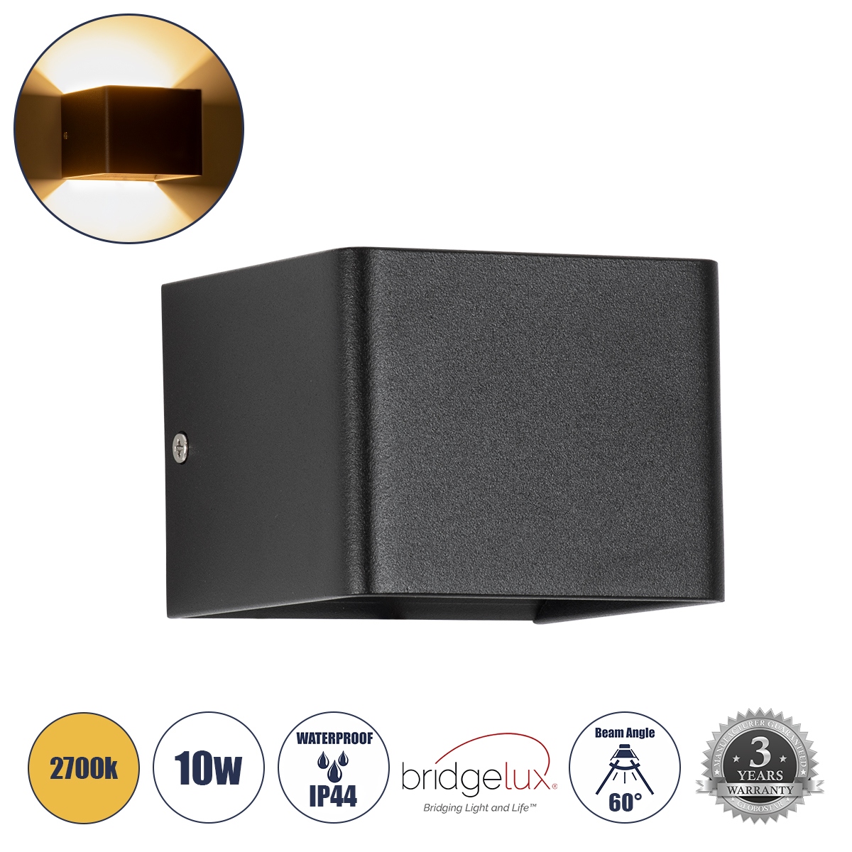 Μοντέρνο Φωτιστικό Τοίχου - Απλίκα LED 10W 1000lm 60° AC 220-240V Αδιάβροχο IP44 Θερμό Λευκό 2700K - Bridgelux COB Chip & TÜV SÜD Driver - Μαύρο Ματ - Μ10 x Π8 x Υ10cm - 5 Χρόνια Εγγύηση