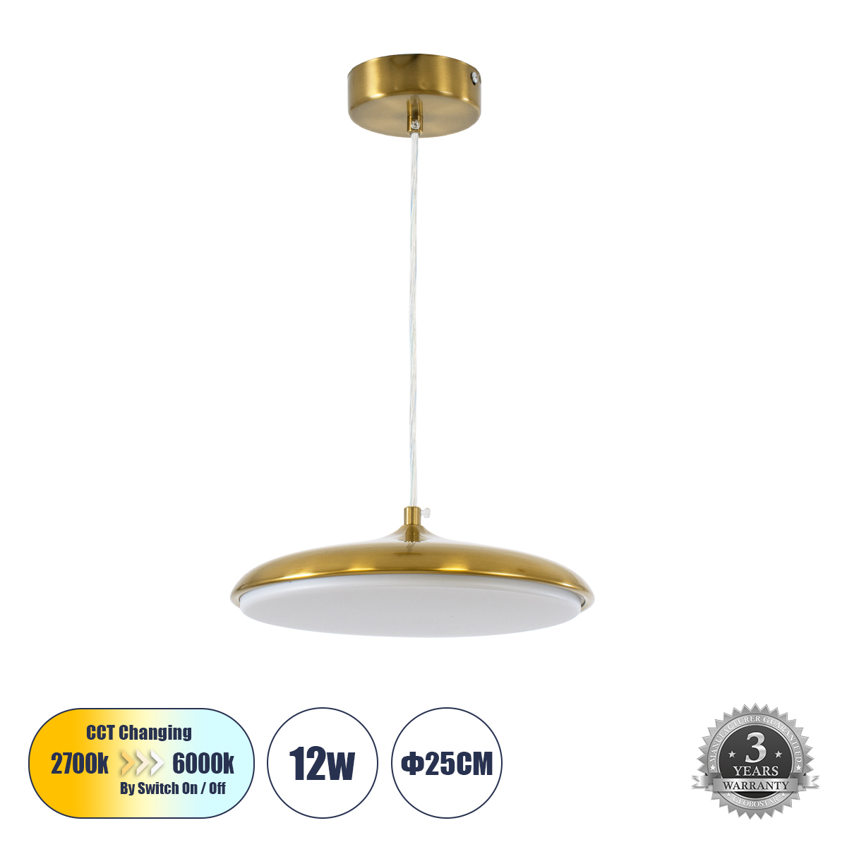 Μοντέρνο Κρεμαστό Φωτιστικό Οροφής LED 12W 1440lm 120° AC 220-240V IP20 Ρυθμιζόμενο Λευκό CCT με On/Off 2700K/4500K/6000K - Lumileds SMD Chip - Χρυσό - Μ25 x Π25 x Υ8cm - 3 Χρόνια Εγγύηση