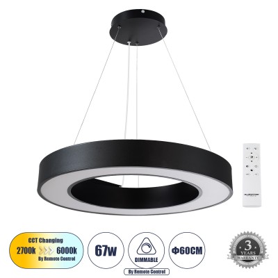 Μοντέρνο Κρεμαστό Φωτιστικό Οροφής LED 67W 7370lm 120° AC 220-240V IP20 Ρυθμιζόμενο Λευκό CCT με Χειριστήριο από 2700K έως 6000K Dimmable - Lumileds SMD Chip - Μαύρο Ματ - Μ60 x Π60 x Υ8cm - 3 Χρόνια Εγγύηση