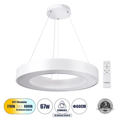 Μοντέρνο Κρεμαστό Φωτιστικό Οροφής LED 67W 7370lm 120° AC 220-240V IP20 Ρυθμιζόμενο Λευκό CCT με Χειριστήριο από 2700K έως 6000K Dimmable - Lumileds SMD Chip - Λευκό Ματ - Μ60 x Π60 x Υ8cm - 3 Χρόνια Εγγύηση
