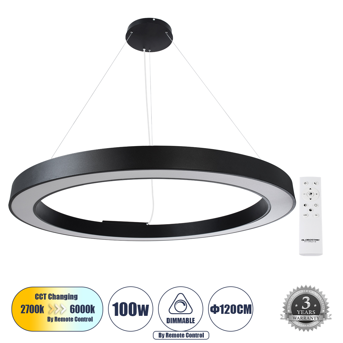 Μοντέρνο Κρεμαστό Φωτιστικό Οροφής LED 100W 11020lm 120° AC 220-240V IP20 Ρυθμιζόμενο Λευκό CCT με Χειριστήριο από 2700K έως 6000K Dimmable - Lumileds SMD Chip - Μαύρο Ματ - Μ120 x Π120 x Υ8cm - 3 Χρόνια Εγγύηση