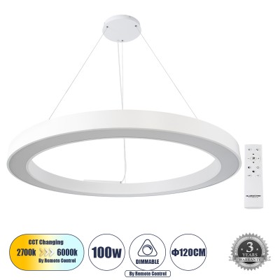 Μοντέρνο Κρεμαστό Φωτιστικό Οροφής LED 100W 11020lm 120° AC 220-240V IP20 Ρυθμιζόμενο Λευκό CCT με Χειριστήριο από 2700K έως 6000K Dimmable - Lumileds SMD Chip - Λευκό Ματ - Μ120 x Π120 x Υ8cm - 3 Χρόνια Εγγύηση