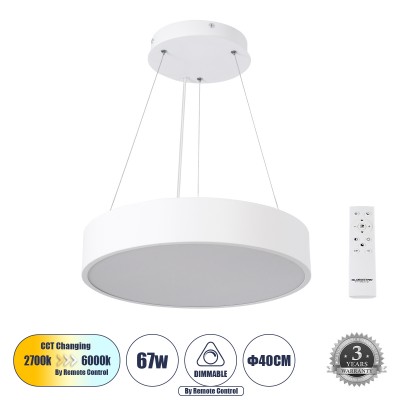 Μοντέρνο Κρεμαστό Φωτιστικό Οροφής LED 67W 7370lm 120° AC 220-240V IP20 Ρυθμιζόμενο Λευκό CCT με Χειριστήριο από 2700K έως 6000K Dimmable - Lumileds SMD Chip - Λευκό Ματ - Μ40 x Π40 x Υ8cm - 3 Χρόνια Εγγύηση